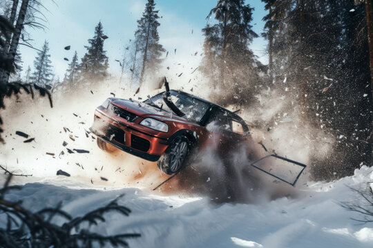 A red car flipping over in a snowy forest, debris scattering. Generative AI
