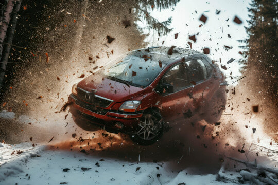 A red car flipping over in a snowy forest, debris scattering. Generative AI