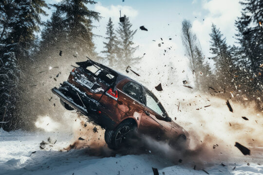 Car tumbles through a snowy landscape, debris in the air. Generative AI