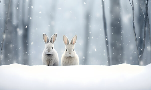 Two cute gray rabbits in the winter forest on the snow. Little hares with winter fur on a snowy meadow. Photo of winter wildlife animals and nature. Banner for card, poster, print with copy space.