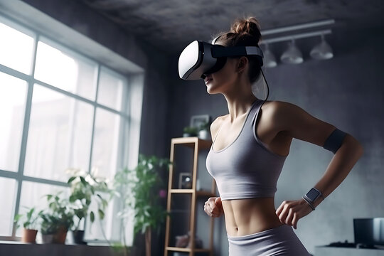 A young woman in a gray tracksuit and VR glasses plays sports at home. Virtual reality training
