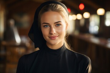 young catholic nun standing in the church posing in front of a camera - Powered by Adobe