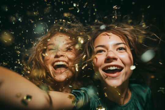 Joyful friends surrounded by a whirl of golden confetti at night party. Generative AI.