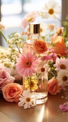 A bottle of body oil surrounded by flowers