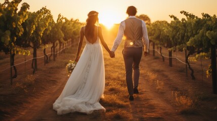 A bride and groom holding hands while walking through a vineyard at sunset