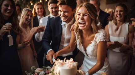 A bride and groom cutting their wedding cake surrounded by their joyful guests - obrazy, fototapety, plakaty