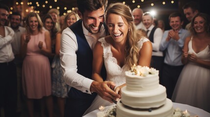 A bride and groom cutting their wedding cake surrounded by their joyful guests