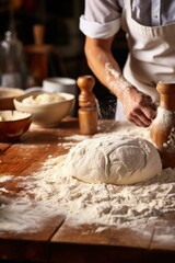 A candid shot of a baker dusting flour onto a work surface