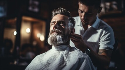 barber's face as he applies shaving cream to a client's neck,