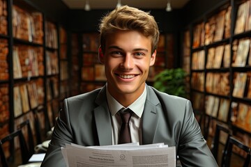 A professional man dressed in a suit and tie holds a piece of paper in his hand.
