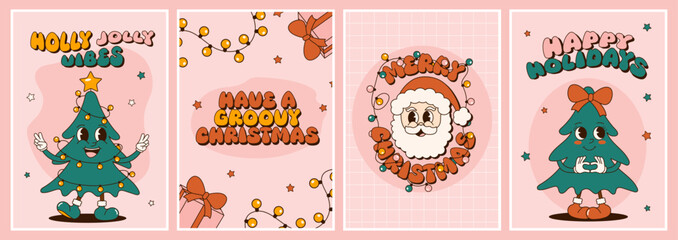 Groovy 70s Christmas card set. Trendy retro cartoon style. Festive greeting card, print, invitation, poster, banner, background.