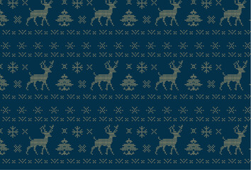 Seamless Pattern of Winter Holiday Theme With Knitted Reindeer, Deer, Holiday Christmas Tree, Snowflake Design, Wallpaper, Elegant Ugly Christmas Sweater Pattern