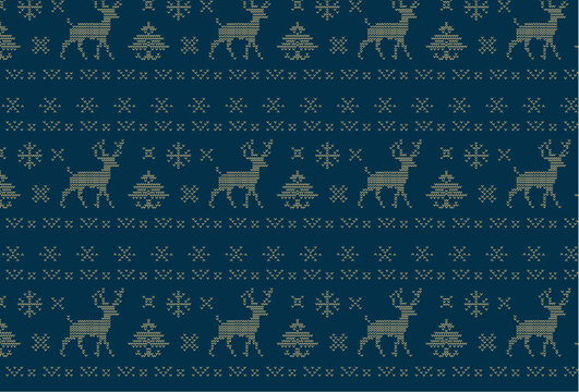 Seamless Pattern of Winter Holiday Theme With Knitted Reindeer, Deer, Holiday Christmas Tree, Snowflake Design, Wallpaper, Elegant Ugly Christmas Sweater Pattern