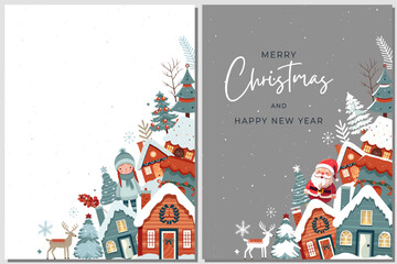 Set winter cards, frame with scandi houses, trees. Concept christmas and New Year. Winter ornament poster - obrazy, fototapety, plakaty