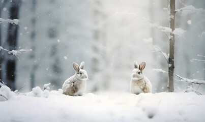 Two cute gray rabbits in the snow in the winter forest on the snow. Little hares with winter fur on a snowy meadow. Photo of winter wildlife animals and nature. Banner for card, poster, print.