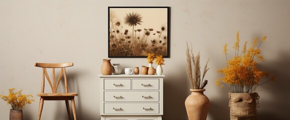 Create a unique setting with a design incorporating a wooden commode, stool, dried flowers in a vase, unique decorations, carpet, and a mock-up poster frame, showcasing your distinctive style.