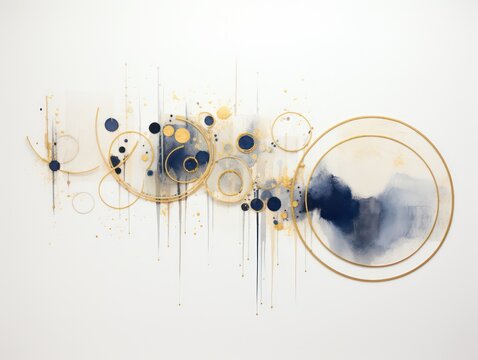 golden brushes touch on geometric gold circles  frame  
 with navy blue color paint bakcground 