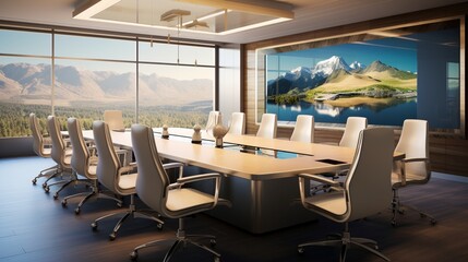 Display a state-of-the-art conference room where advanced technology effortlessly fuses with timeless design features.