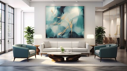 Evoke the calm of a modern office lounge featuring avant-garde art and luxurious, comfortable seating.