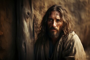 our creator Jesus carrying a heavy wooden cross
