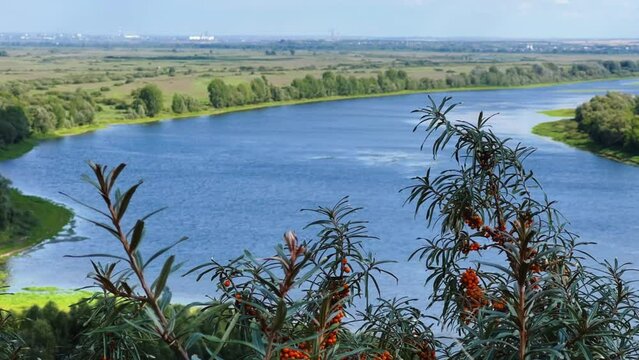 Picturesque view of the Kama River from the observation deck at the Yelabuga settlement. The movement of clouds over the river. Lower Kama National Park. Yelabuga, Republic of Tatarstan, Russia, 4K