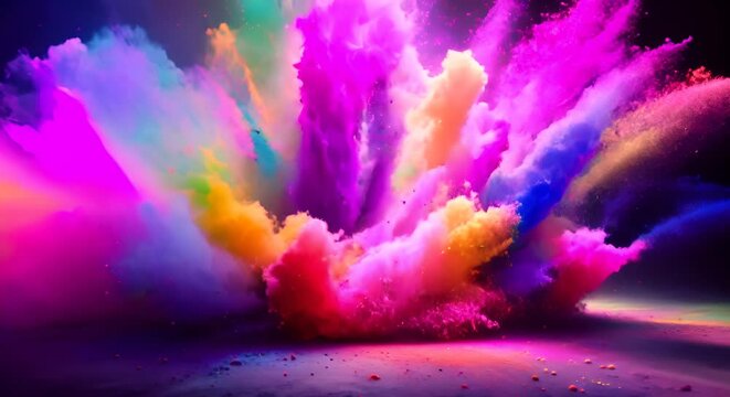 Slow motion colorful explosion in black background for holi, carnival, celebration