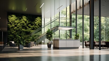 Illustrate the minimalist appeal of a well-lit office foyer, boasting smooth glass partitions and lush, descending greenery.