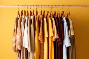 Wooden hangers with clothes on the rail in the store with women's clothing for sale. Flea market, second hand, discount, exchange, donation