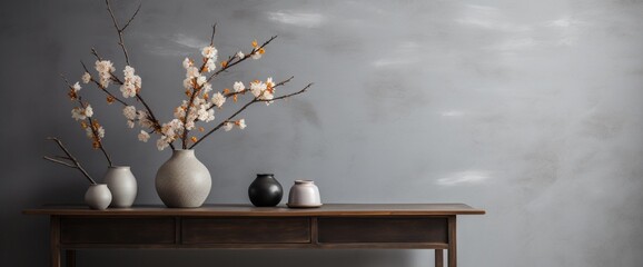 Imagine a spacious interior where a table with flowers against a stylish gray wall becomes a focal point, creating an environment of contemporary comfort.