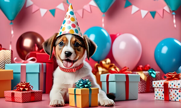 A cute puppy wearing a cone hat and enjoying a party. The gift boxes are piled up. Generative AI