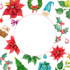 Watercolor christmas pattern with round frame