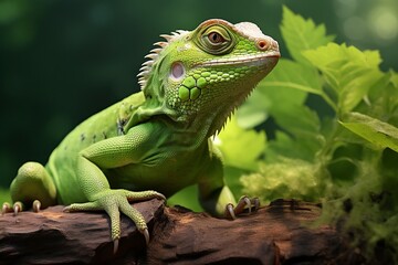 Fototapeta premium illustration of a huge green lizard on the trunk of a tree