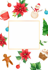 Watercolor christmas pattern with gold frame