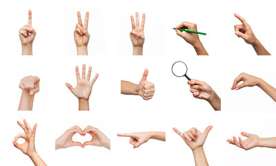 Collection of hands showing gestures such as ok, peace, heart shape, thumb up, point to object,...