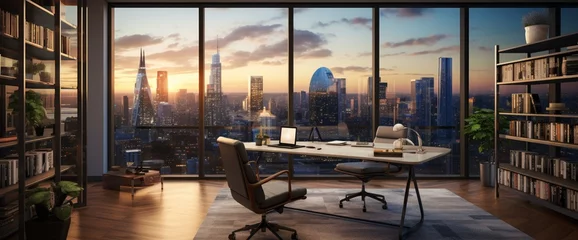 Küchenrückwand glas motiv Project the sophistication of a corner office featuring tall windows and a breathtaking city view. © Aaron Gallery  
