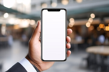 A businessman's hand is mockingly gripping a blank smartphone with a hazy backdrop.