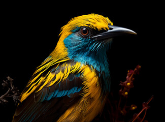 A cute Bird in blue and yellow feathers in dark background