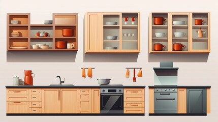 : Kitchen cabinets set mockup in vector design, including cabinetry, cupboards, bookshelves, and wall-mounted shelves for an isolated home 