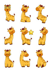 Obraz na płótnie Canvas Cute kawaii giraffe. Adorable safari animal cartoon character mascot. Hand drawn style. Vector drawing. Collection of design elements.