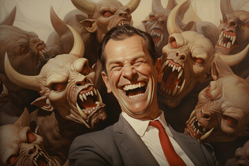 A bunch of greedy, evil politicians with devil-like eyes and horns, laughing, - obrazy, fototapety, plakaty