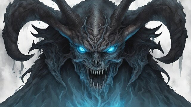 head of a dragon  A monstrous and hideous horror monster with a fleshless face, glowing blue eyes, and horns on its head
