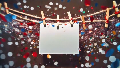 White sign hangs from a rope, surrounded by a flurry of confetti