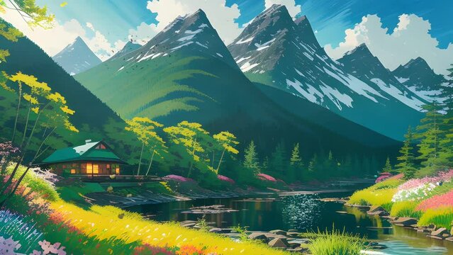 Experience the beauty of a village in a watercolor masterpiece, featuring mountains, rivers, houses, and flowers. Cartoon or anime illustration style. seamless looping 4K virtual video animation.