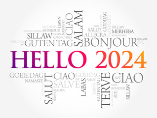 Obraz premium Hello 2024 word cloud in different languages of the world, concept background