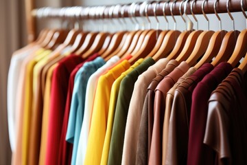 Obraz premium Wooden hangers with clothes on the rail in the store with women's clothing for sale. Shirt, dress, jacket, blouse. Flea market, second hand, discount, exchange, donation