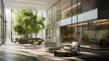 Capture the simplicity of a sunlit office lobby, adorned with sleek glass partitions and draping greenery.