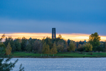 The tower on the Bistumshöhe behind the Lake Cospudener Lake in Leipzig, Germany