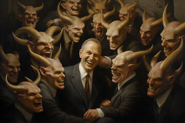 A bunch of greedy, evil politicians with devil-like eyes and horns laughing, - obrazy, fototapety, plakaty