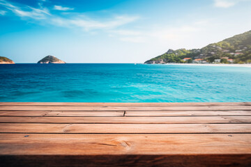 A wooden table set against the backdrop of the sea, an island, and the blue sky.Empty space for text. Bright image.