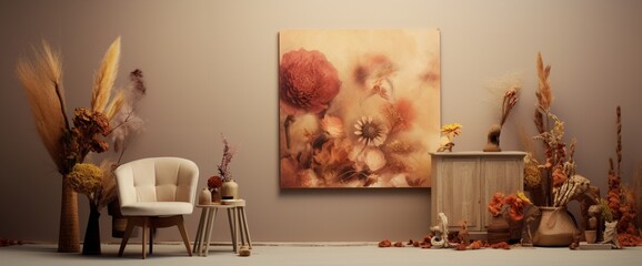 Conceptualize a space adorned with a wooden commode, stool, dried flowers in a vase, unique decor, a carpet, and a mock-up poster frame, blending functionality with artistic flair.